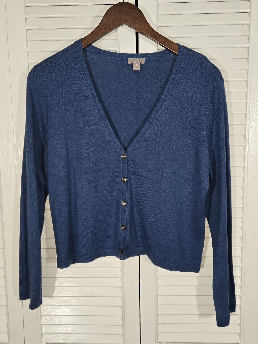 J Jill Blue Cropped Knit v Neck Long Sleeve Button Down Relaxed Fit Cardigan MP